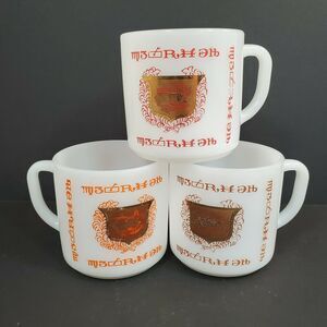 3 Vtg Federal White Milk Glass Mug RX Pharmacy Apothecary Gold Black Crest
